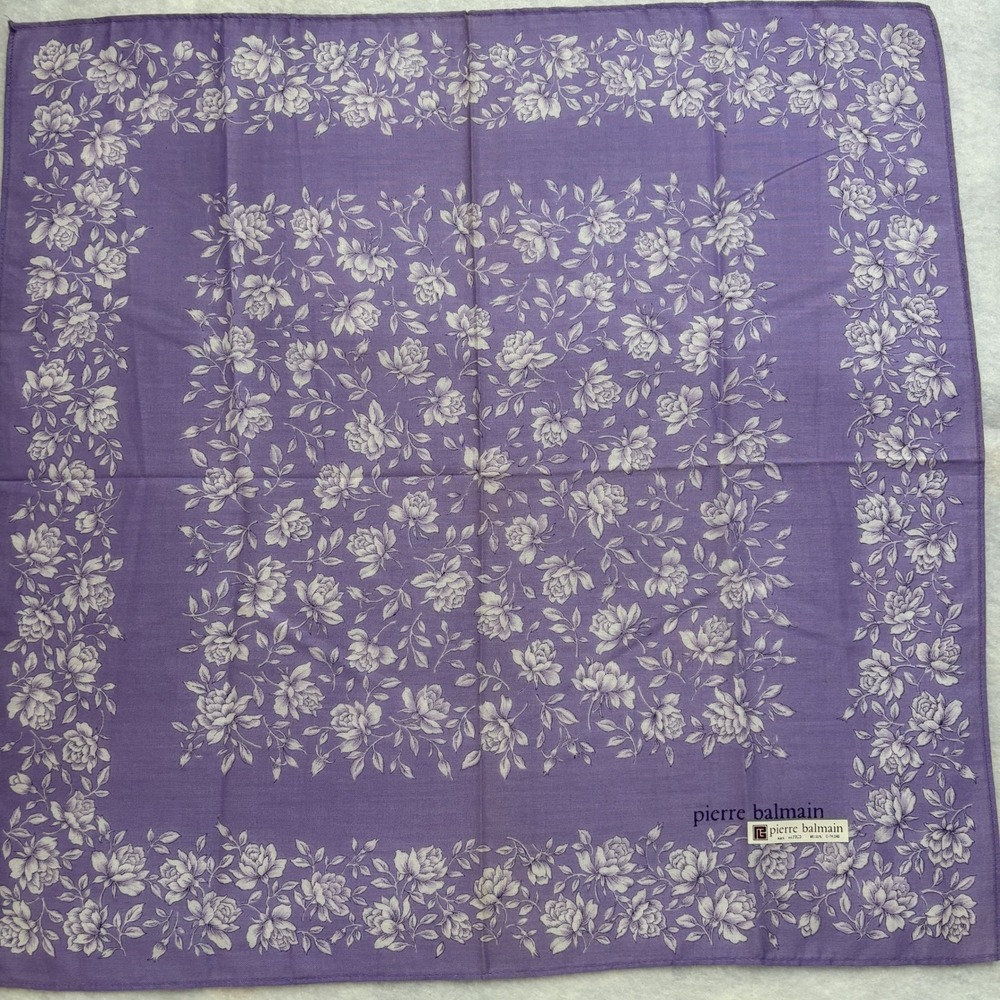 PIERRE BALMAIN Scarf Handkerchief Floral Rose Cotton Purple Chic Accessory 15"